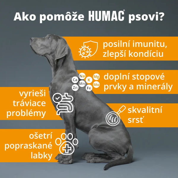 HUMAC benefity pre psov: posilňuje imunitu, zlepšuje trávenie, dopĺňa minerálne látky a stopové prvky, krajšia srsť, detox