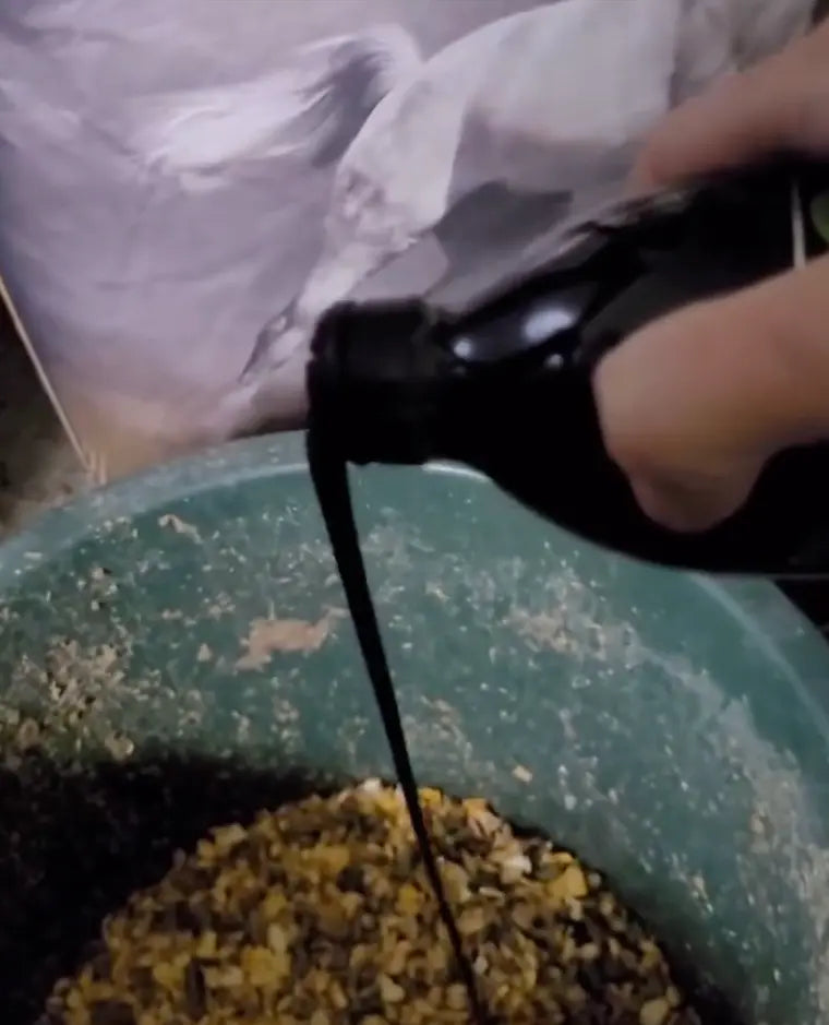 Pouring natural liquid supplement into horse feed